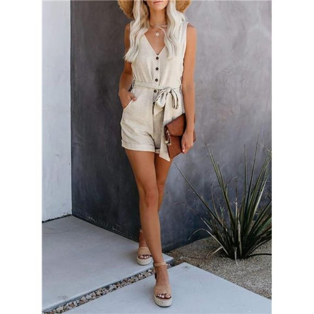 Womens Casual Summer Crewneck Ruffle Sleeveless Rompers, XS-XXL - Picture 5 of 6